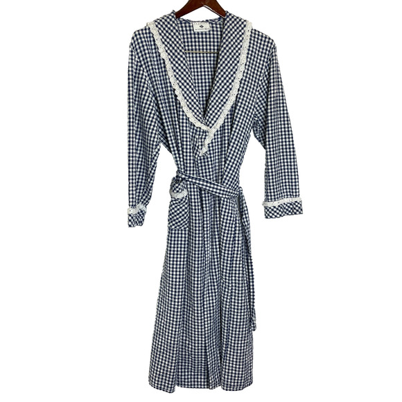 Women's Small Eileen West Blue Gingham Cotton Tie Front Robe Lounge - Picture 2 of 8